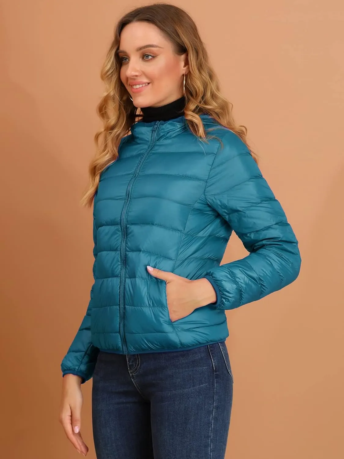 Allegra K Women's Puffer Coat Winter Long Sleeve Zip Up Hooded Lightweight Packable Down Jacket