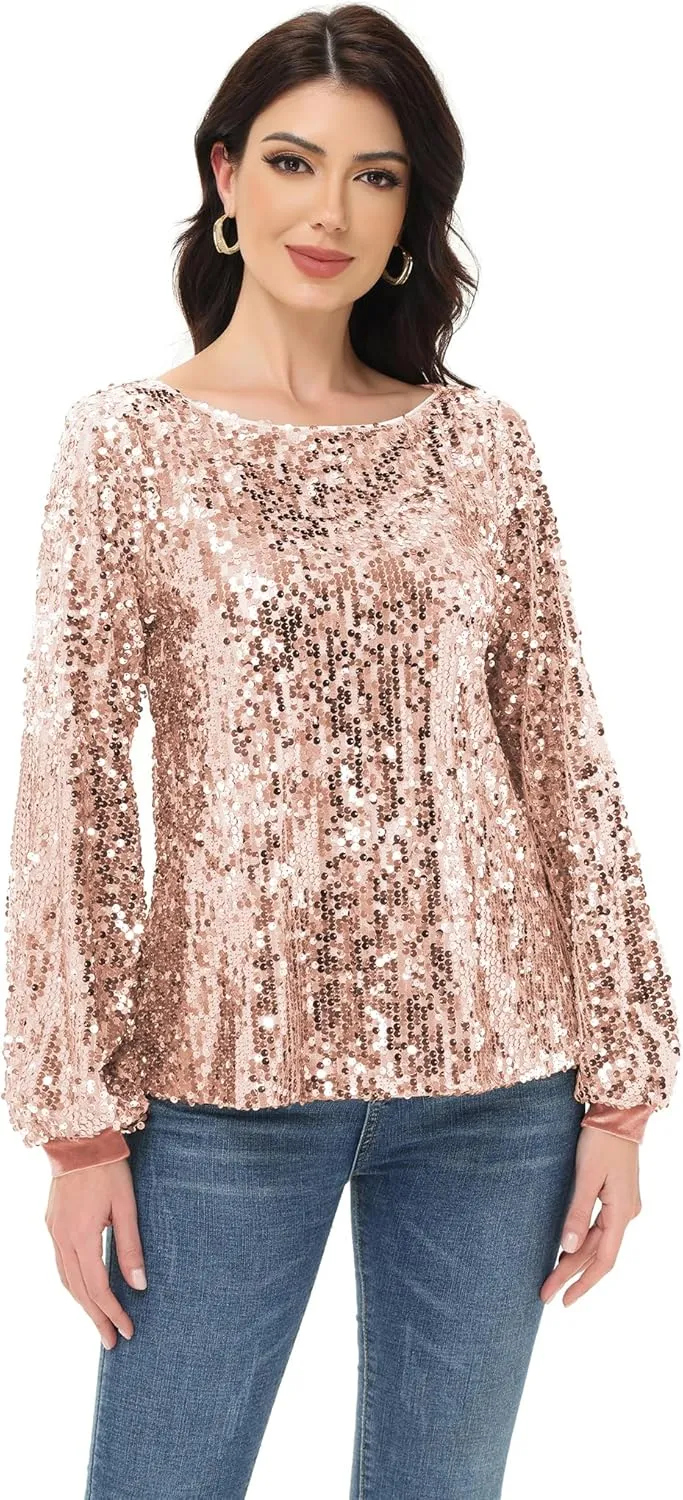 Anna-Kaci Long Sleeve Sequin Crew Neck Fashion Pullovers Sweatshirt Evening Party,
