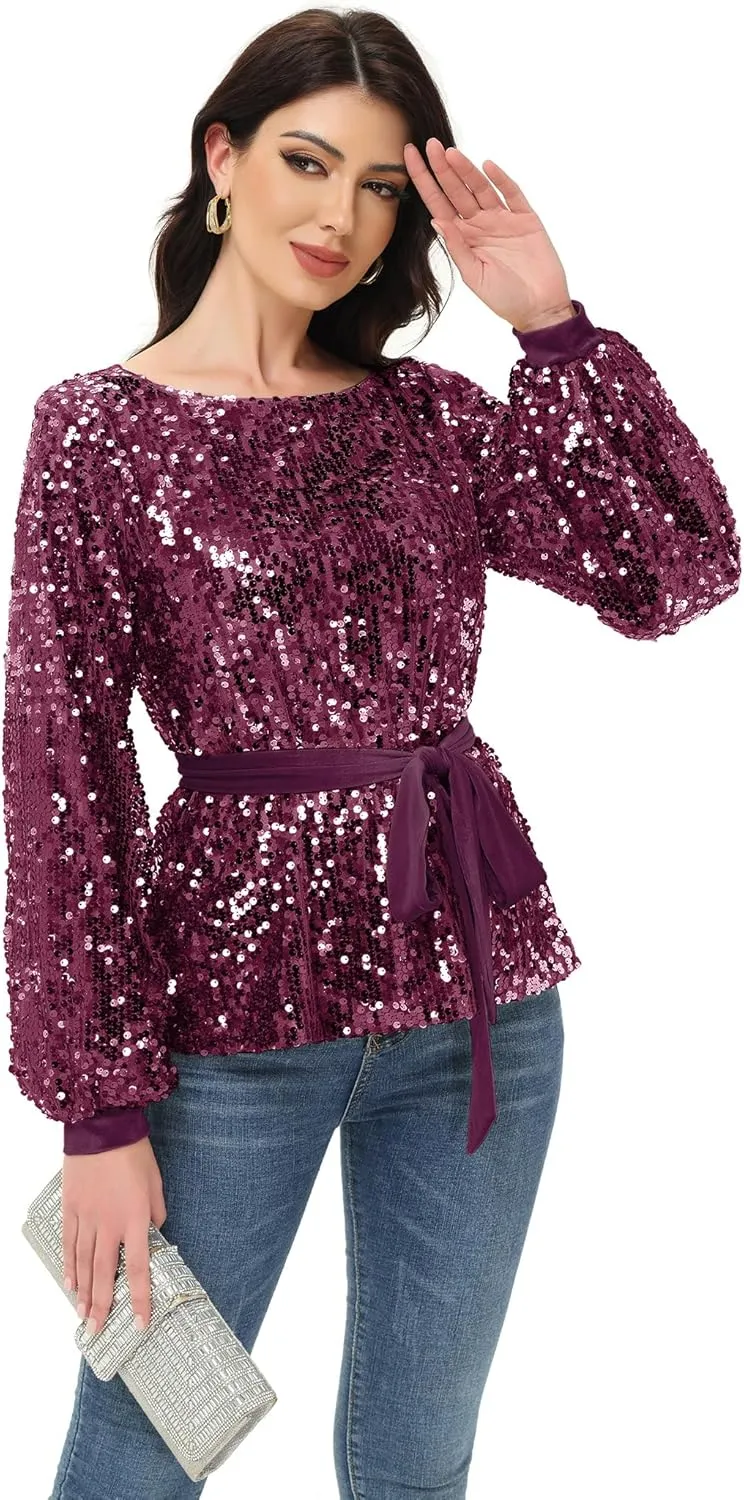 Anna-Kaci Long Sleeve Sequin Crew Neck Fashion Pullovers Sweatshirt Evening Party,
