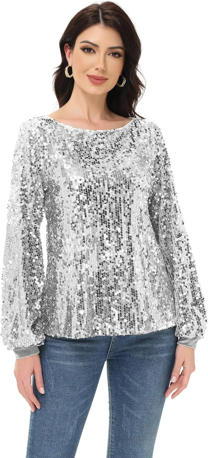 Anna-Kaci Long Sleeve Sequin Crew Neck Fashion Pullovers Sweatshirt Evening Party,