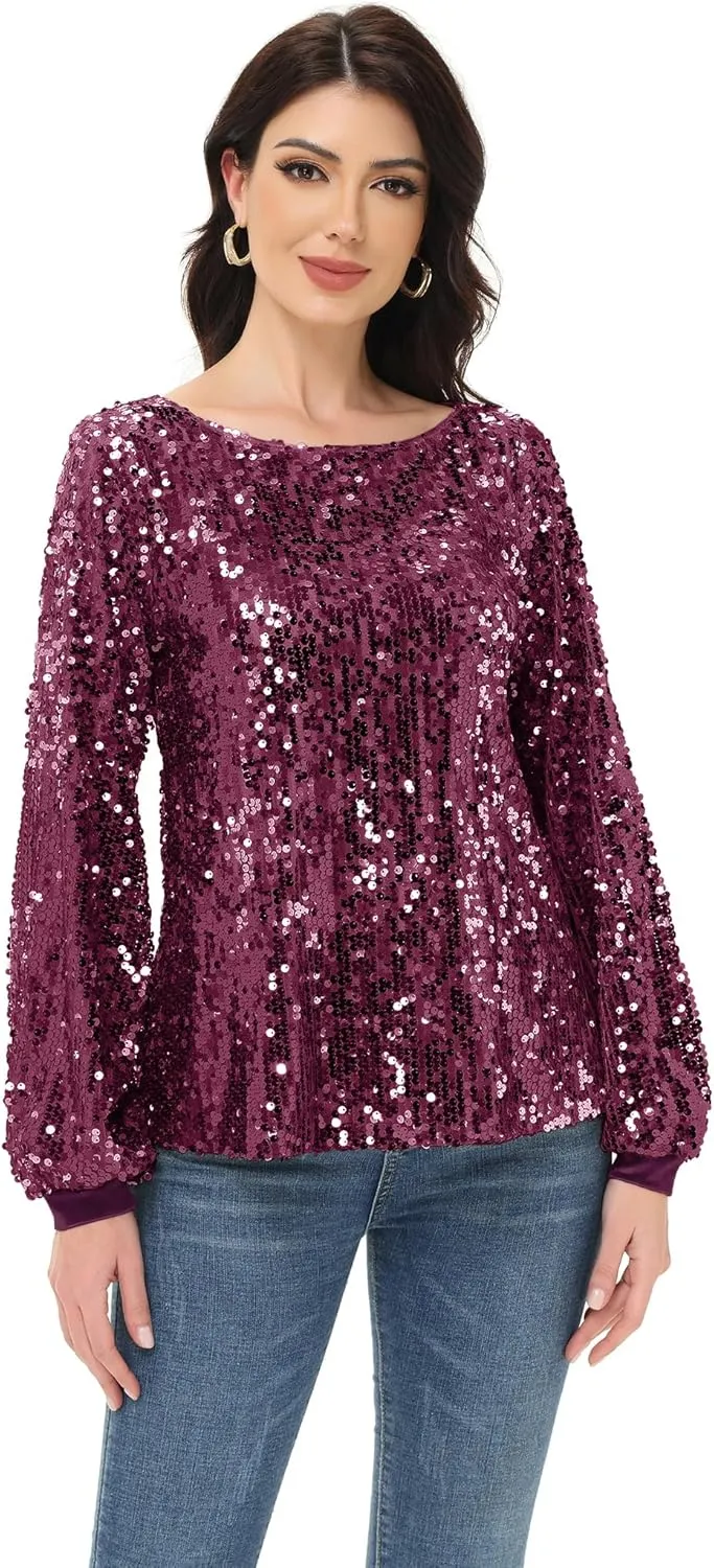 Anna-Kaci Long Sleeve Sequin Crew Neck Fashion Pullovers Sweatshirt Evening Party,