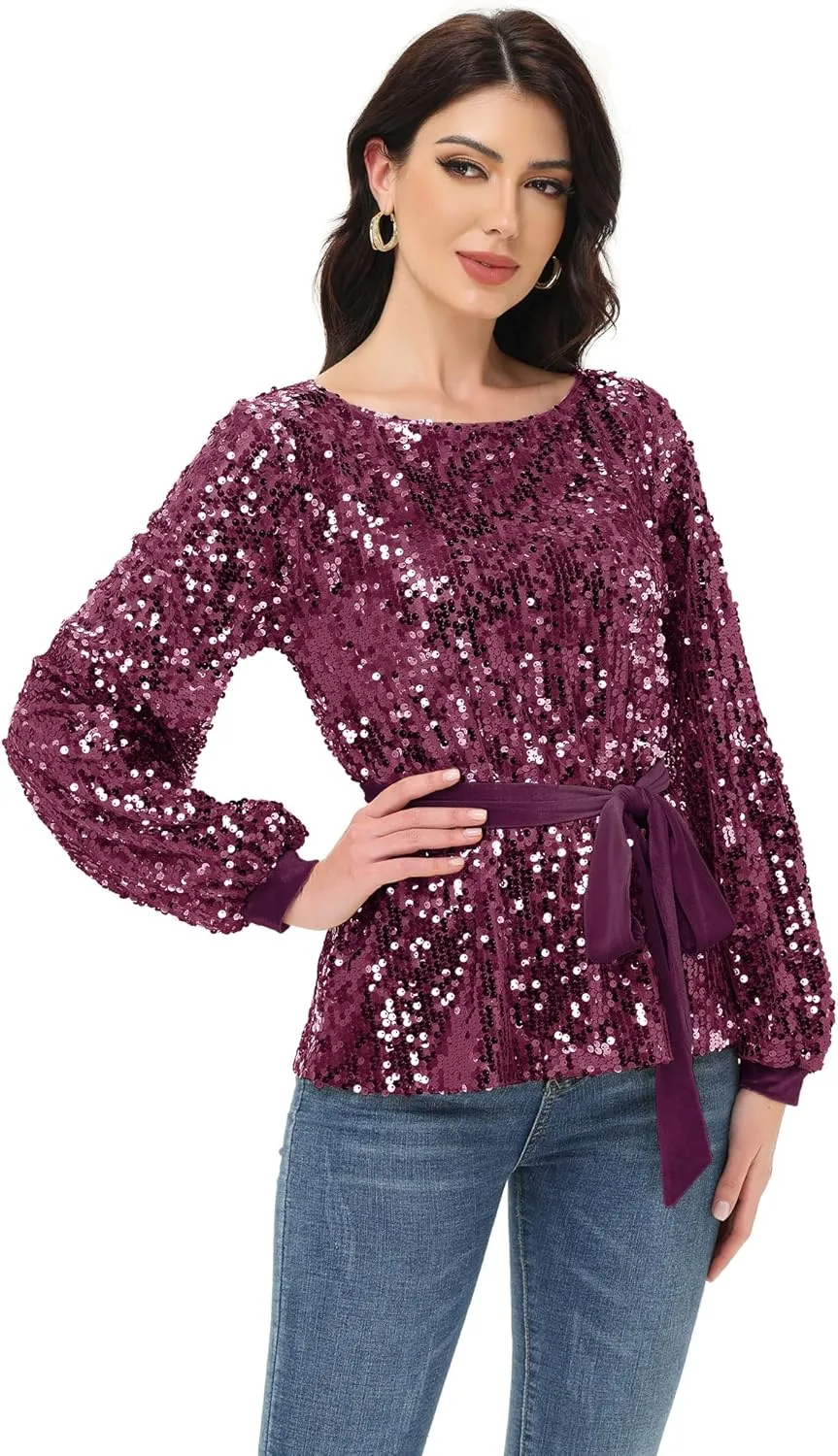 Anna-Kaci Long Sleeve Sequin Crew Neck Fashion Pullovers Sweatshirt Evening Party,