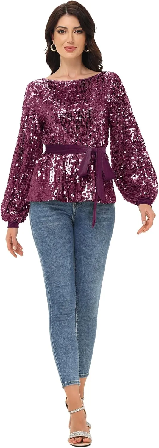 Anna-Kaci Long Sleeve Sequin Crew Neck Fashion Pullovers Sweatshirt Evening Party,