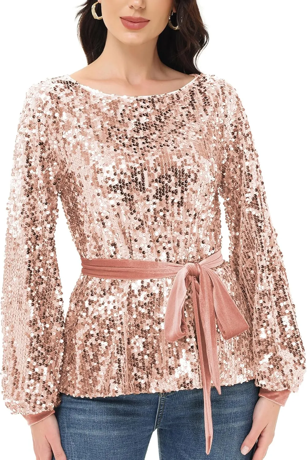 Anna-Kaci Long Sleeve Sequin Crew Neck Fashion Pullovers Sweatshirt Evening Party,
