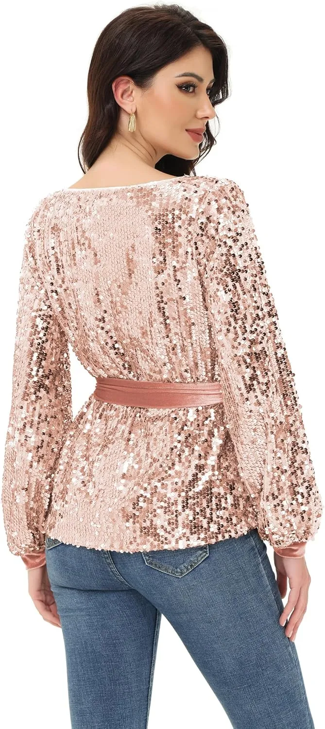 Anna-Kaci Long Sleeve Sequin Crew Neck Fashion Pullovers Sweatshirt Evening Party,