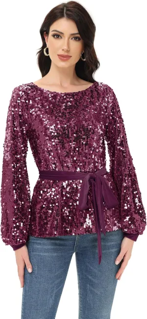 Anna-Kaci Long Sleeve Sequin Crew Neck Fashion Pullovers Sweatshirt Evening Party,