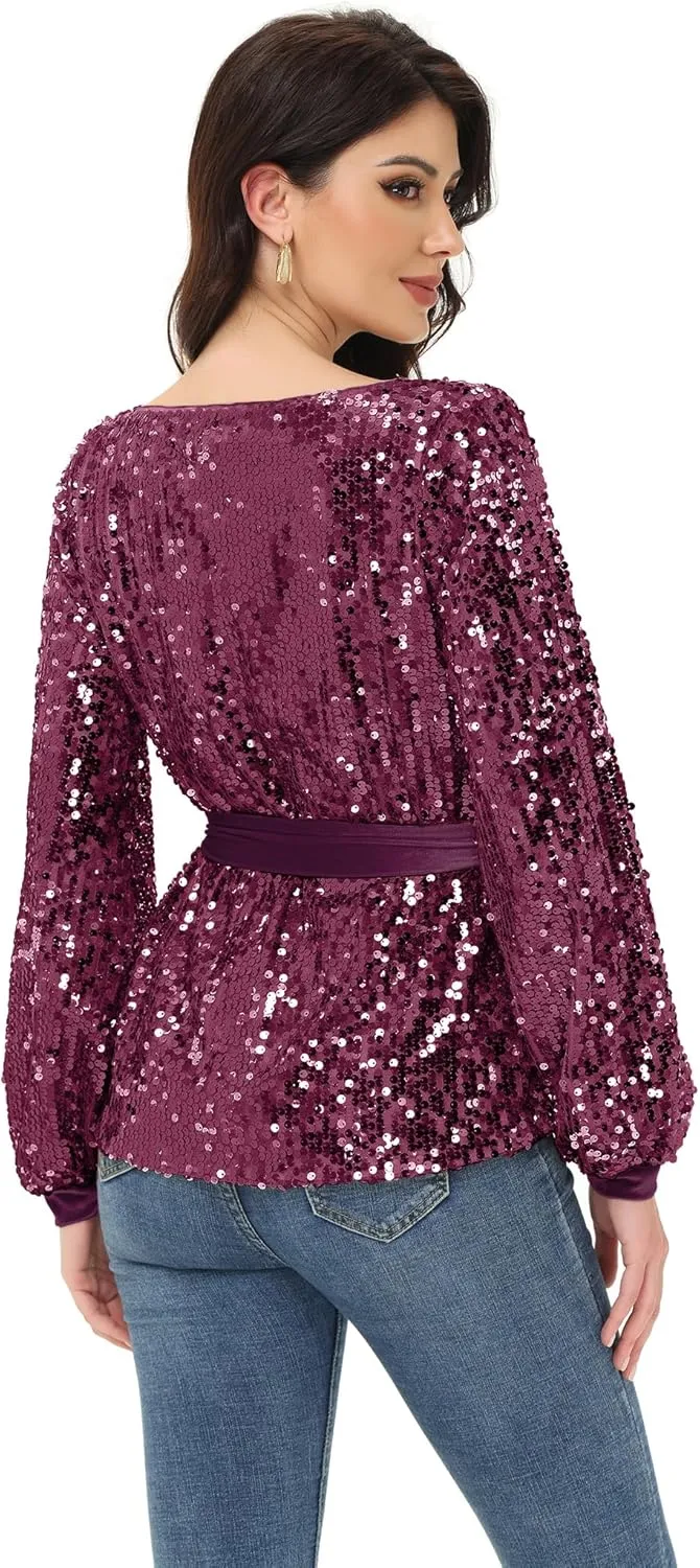 Anna-Kaci Long Sleeve Sequin Crew Neck Fashion Pullovers Sweatshirt Evening Party,