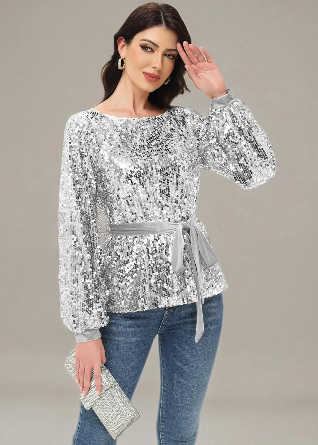 Anna-Kaci Long Sleeve Sequin Crew Neck Fashion Pullovers Sweatshirt Evening Party,