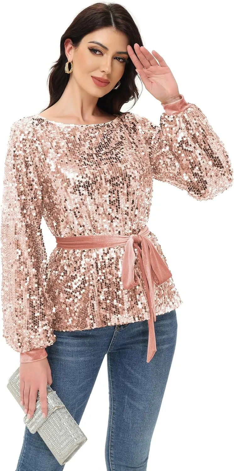 Anna-Kaci Long Sleeve Sequin Crew Neck Fashion Pullovers Sweatshirt Evening Party,