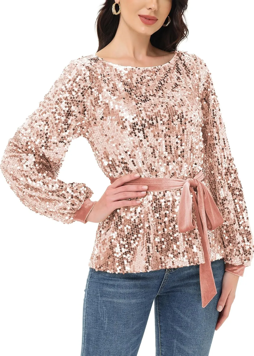 Anna-Kaci Long Sleeve Sequin Crew Neck Fashion Pullovers Sweatshirt Evening Party,