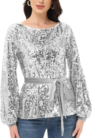 Anna-Kaci Long Sleeve Sequin Crew Neck Fashion Pullovers Sweatshirt Evening Party,