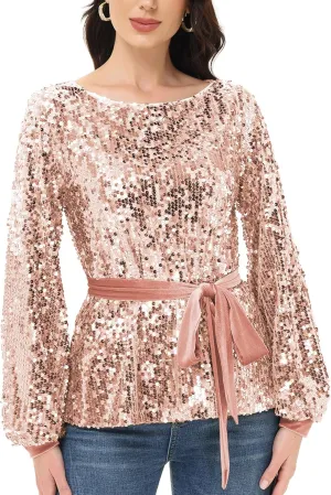 Anna-Kaci Long Sleeve Sequin Crew Neck Fashion Pullovers Sweatshirt Evening Party,