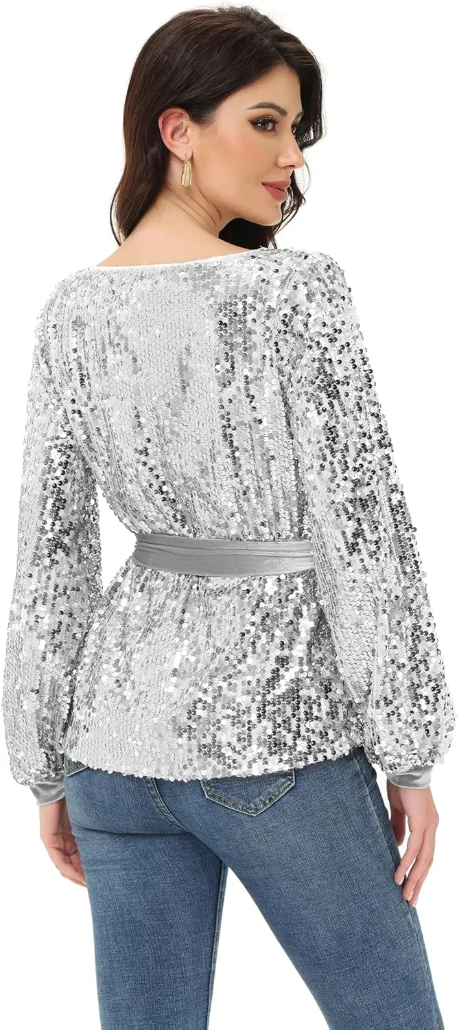 Anna-Kaci Long Sleeve Sequin Crew Neck Fashion Pullovers Sweatshirt Evening Party,