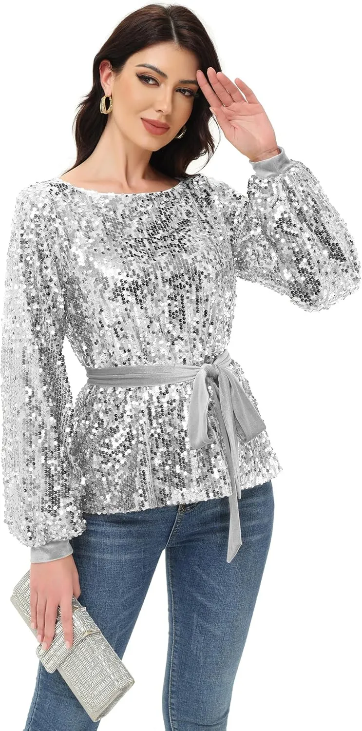 Anna-Kaci Long Sleeve Sequin Crew Neck Fashion Pullovers Sweatshirt Evening Party,