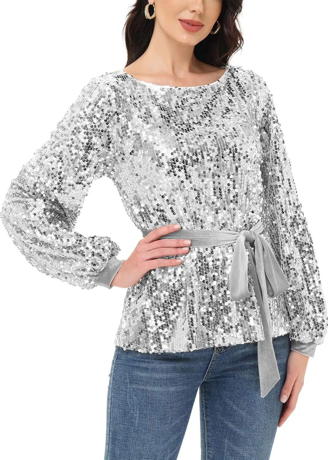 Anna-Kaci Long Sleeve Sequin Crew Neck Fashion Pullovers Sweatshirt Evening Party,