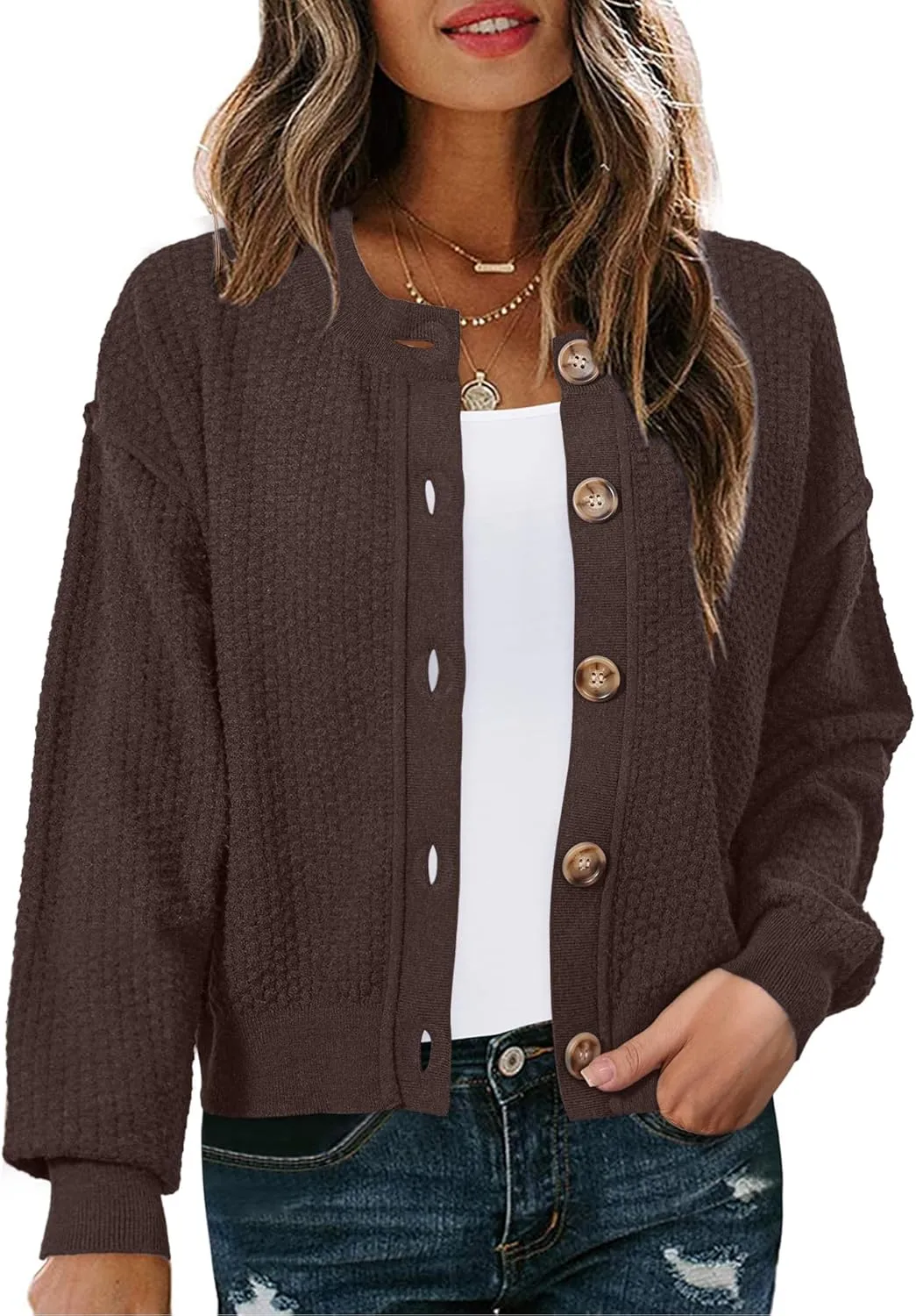 Arach&Cloz Womens Waffle Cropped Cardigan Ultra Stretchy 2025 Spring Soft Chunky Button Business Casual Sweaters