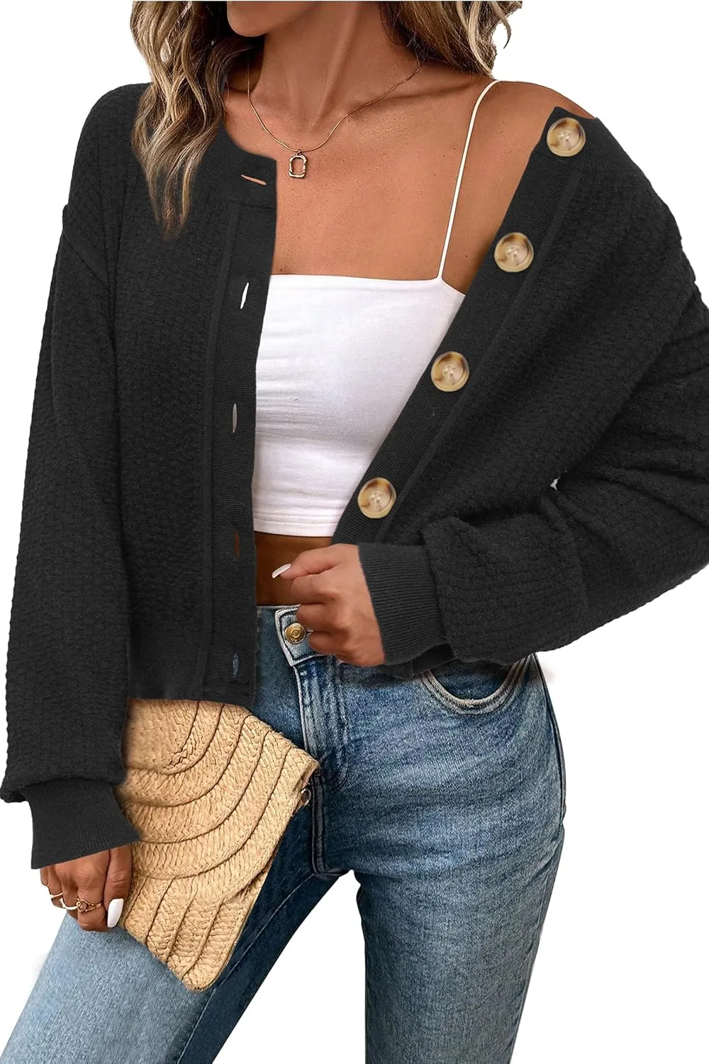 Arach&Cloz Womens Waffle Cropped Cardigan Ultra Stretchy 2025 Spring Soft Chunky Button Business Casual Sweaters