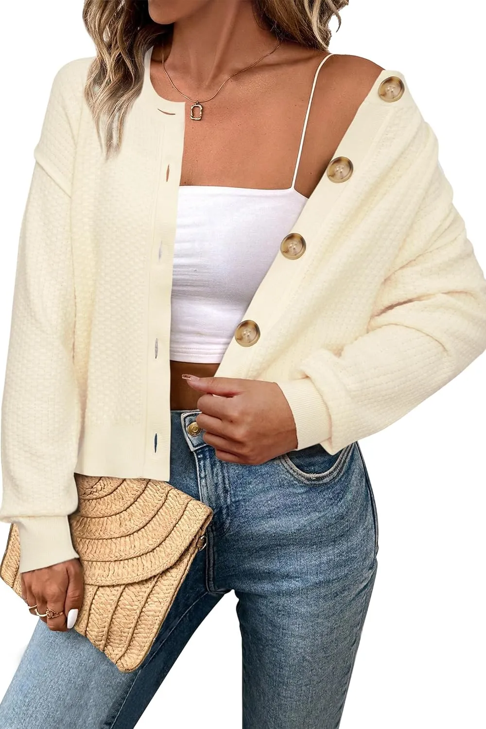 Arach&Cloz Womens Waffle Cropped Cardigan Ultra Stretchy 2025 Spring Soft Chunky Button Business Casual Sweaters