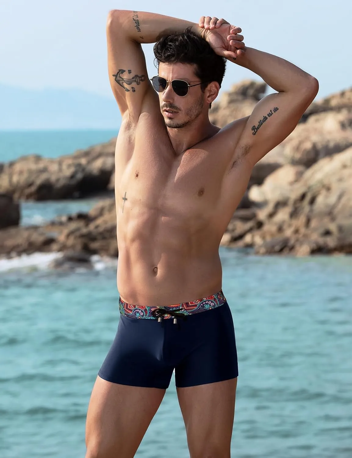 Arjen Kroos Mens Swim Briefs Square Leg Board Short Quick-Dry Swimwear with External Drawstring Stretch Beach Trunks