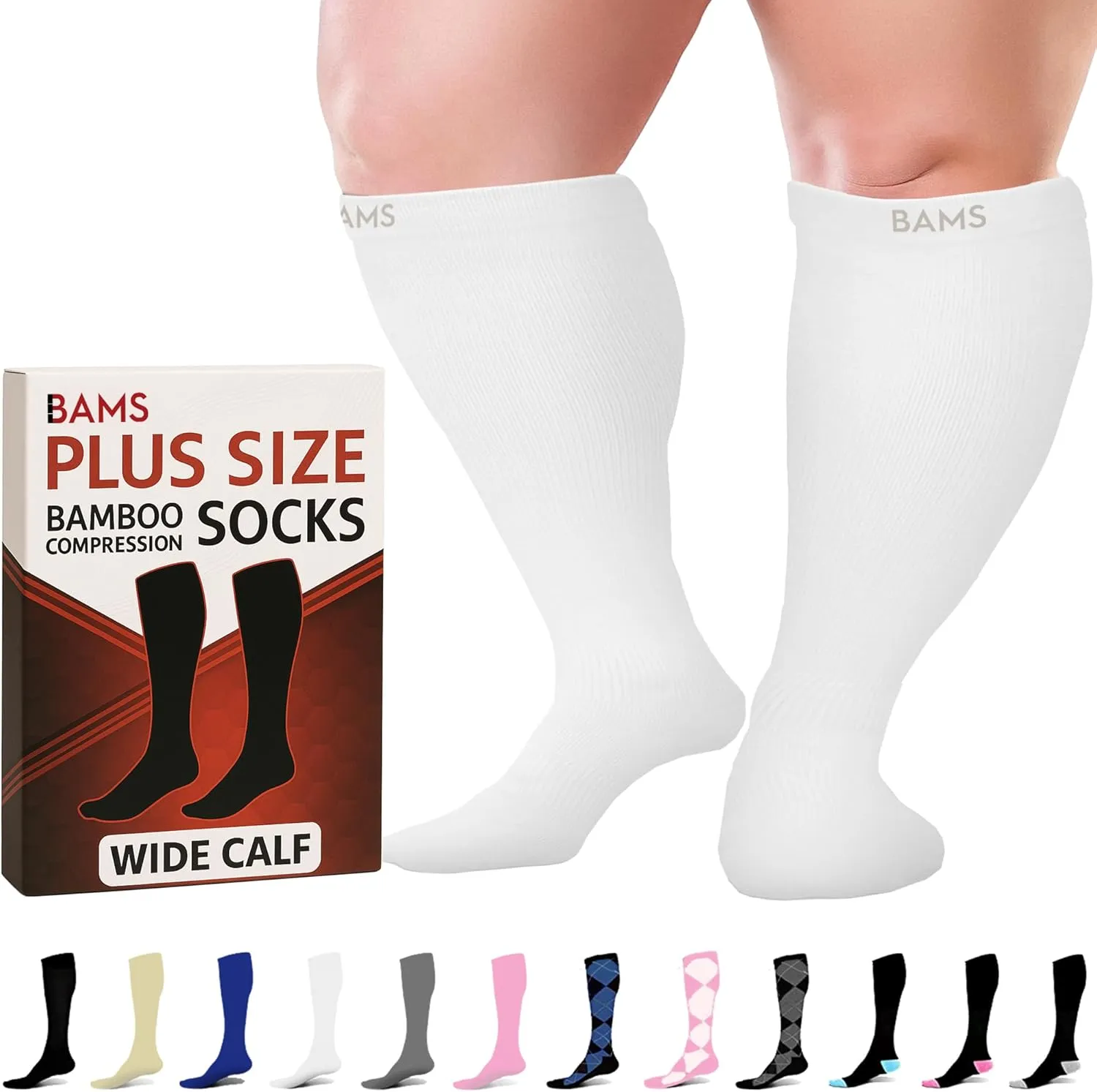 BAMS Plus Size Compression Socks Wide Calf XL XXL XXXL – Graduated Knee-High Support, Viscose from Bamboo Easy-On/Easy-Off