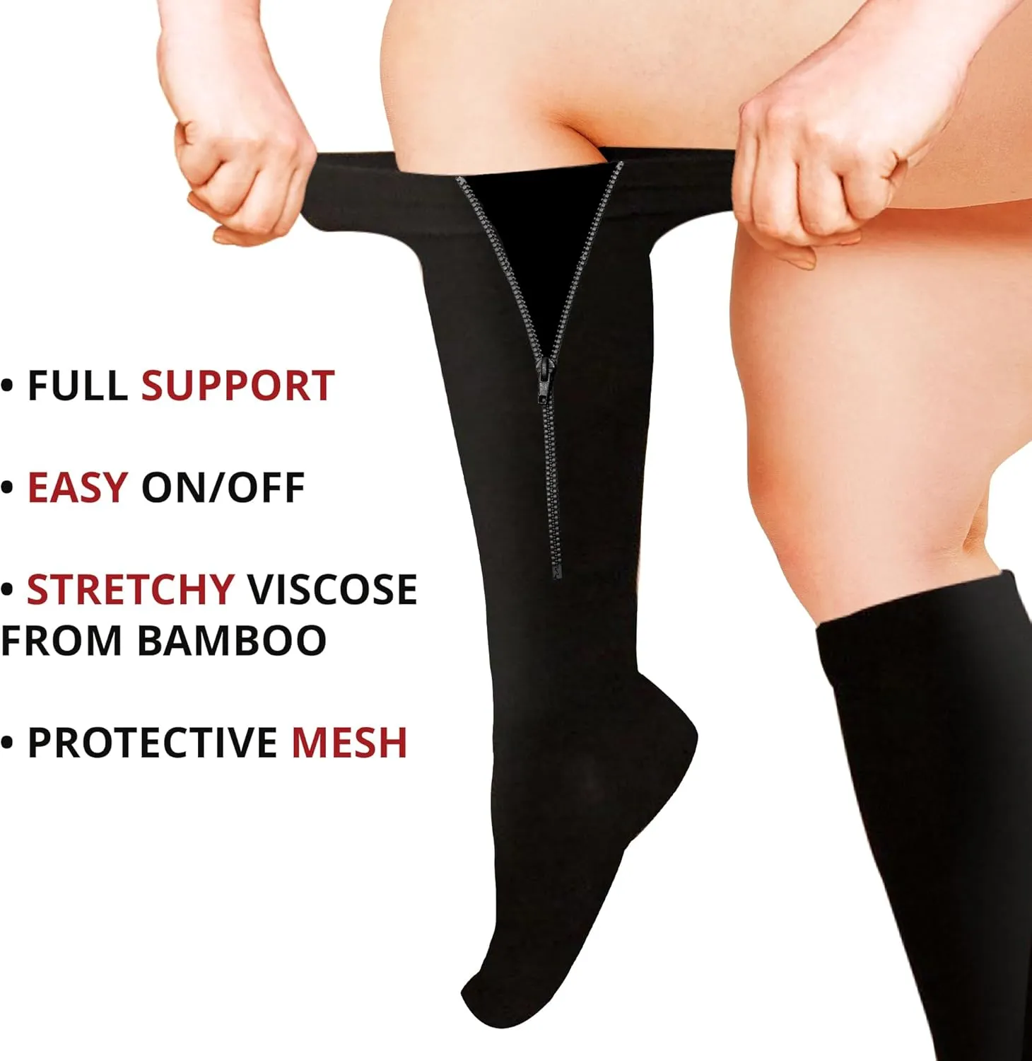 BAMS Plus Size Zipper Compression Socks Wide Calf XL XXL XXXL – Graduated Viscose from Bamboo Knee-High Support Easy-on/ Easy-off