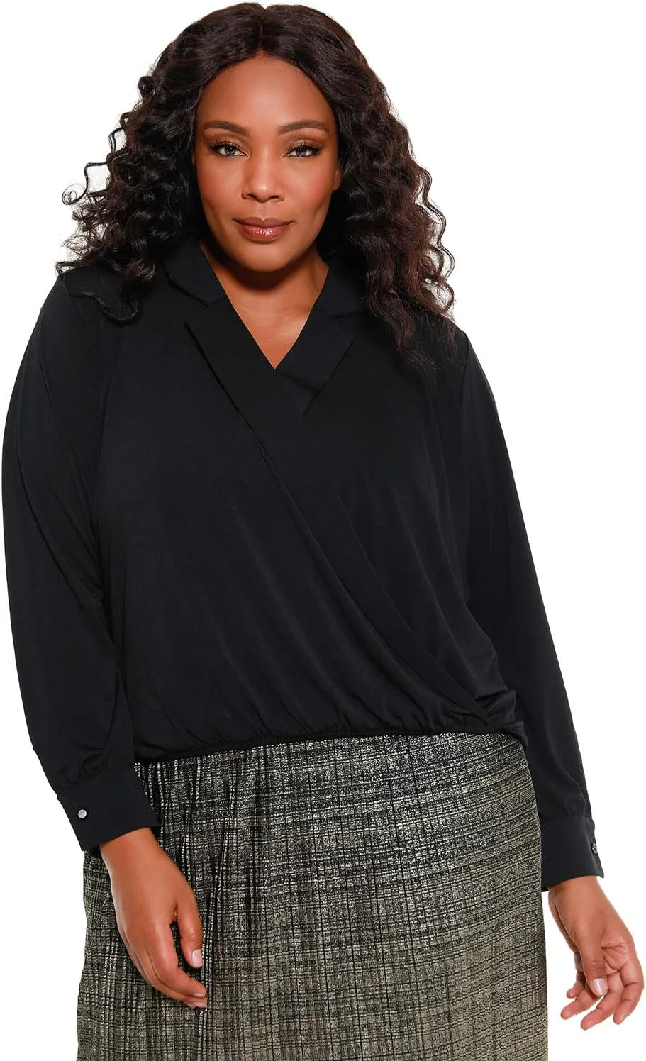 Belldini Women's Plus Size Long Sleeve Wrap Blouse