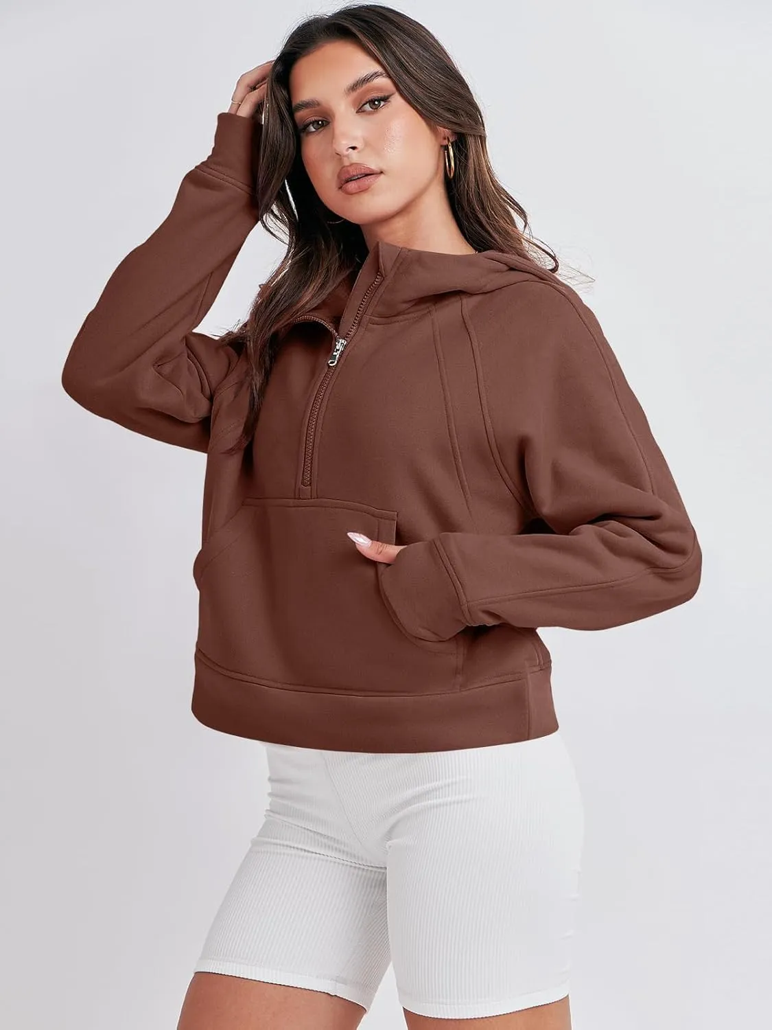 Bengbobar Women's 1/2 Zipper Fuzzy Cropped Sweatshirts Sport Athletic Stand Collar Relaxed Fit Fleece Long Sleeve Pullovers