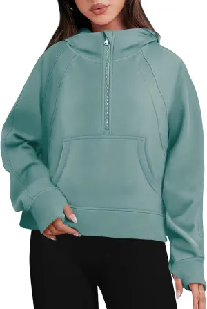 Bengbobar Women's 1/2 Zipper Fuzzy Cropped Sweatshirts Sport Athletic Stand Collar Relaxed Fit Fleece Long Sleeve Pullovers