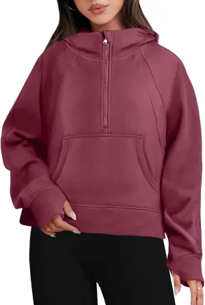 Bengbobar Women's 1/2 Zipper Fuzzy Cropped Sweatshirts Sport Athletic Stand Collar Relaxed Fit Fleece Long Sleeve Pullovers