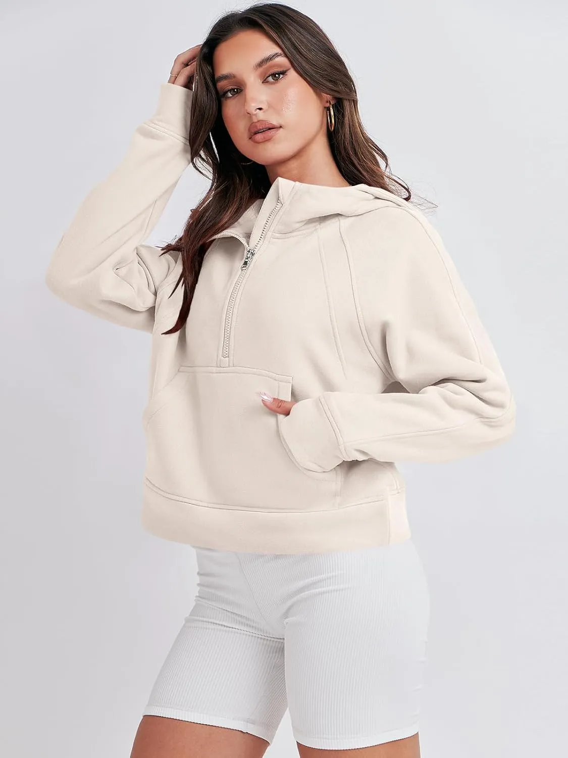Bengbobar Women's 1/2 Zipper Fuzzy Cropped Sweatshirts Sport Athletic Stand Collar Relaxed Fit Fleece Long Sleeve Pullovers