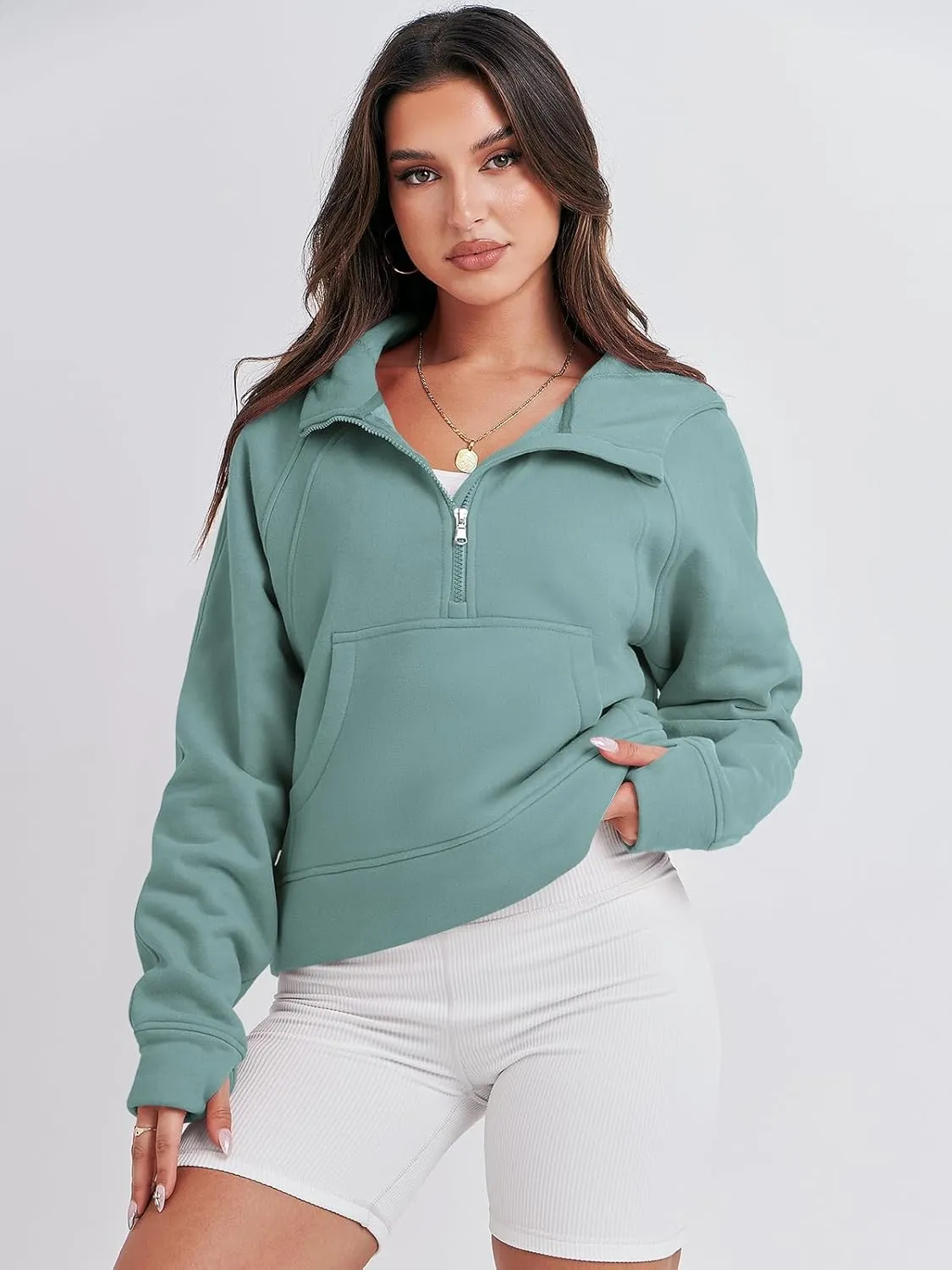 Bengbobar Women's 1/2 Zipper Fuzzy Cropped Sweatshirts Sport Athletic Stand Collar Relaxed Fit Fleece Long Sleeve Pullovers