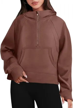 Bengbobar Women's 1/2 Zipper Fuzzy Cropped Sweatshirts Sport Athletic Stand Collar Relaxed Fit Fleece Long Sleeve Pullovers