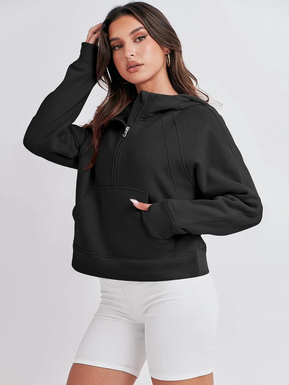 Bengbobar Women's 1/2 Zipper Fuzzy Cropped Sweatshirts Sport Athletic Stand Collar Relaxed Fit Fleece Long Sleeve Pullovers