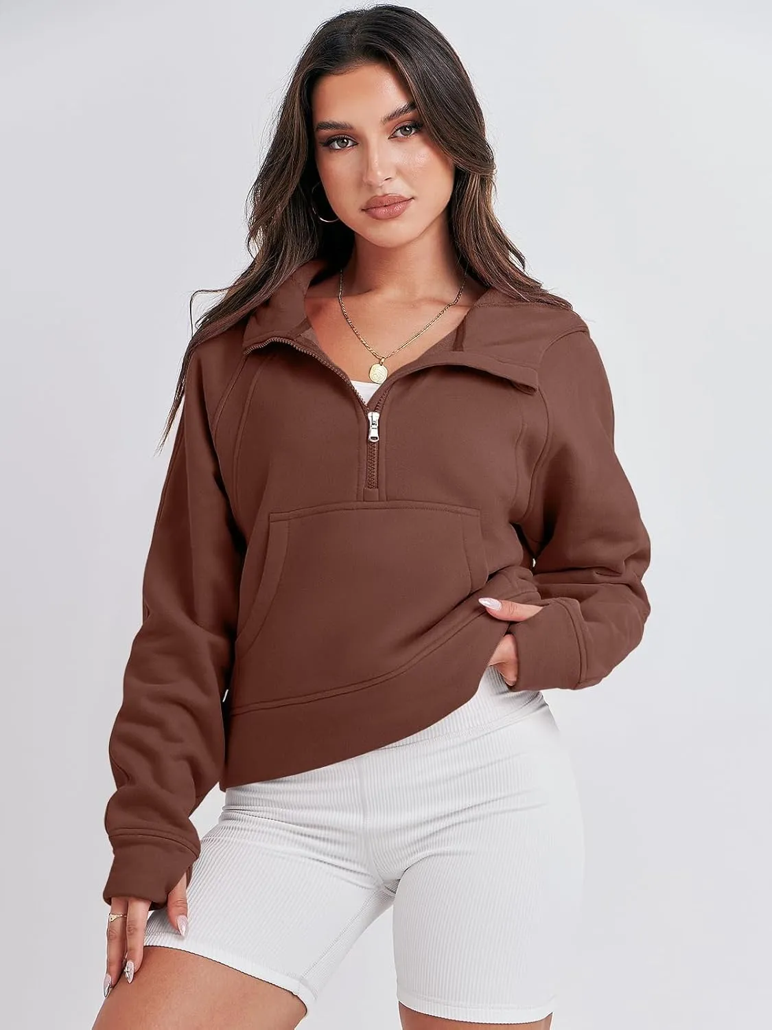 Bengbobar Women's 1/2 Zipper Fuzzy Cropped Sweatshirts Sport Athletic Stand Collar Relaxed Fit Fleece Long Sleeve Pullovers
