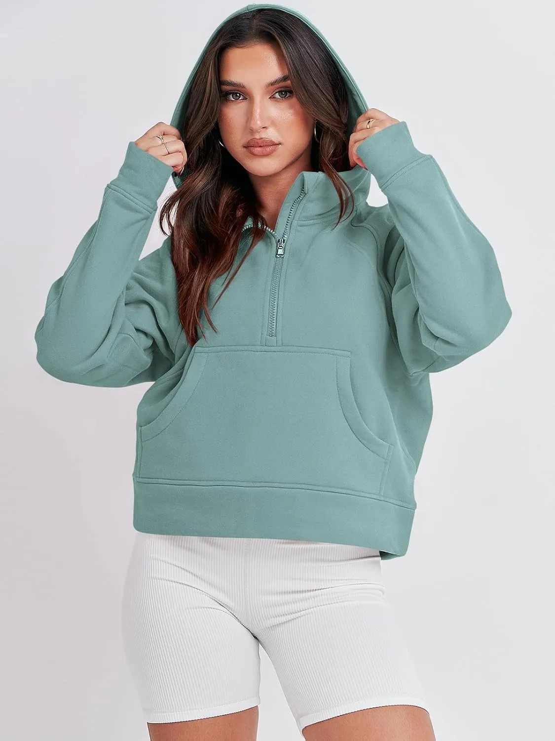 Bengbobar Women's 1/2 Zipper Fuzzy Cropped Sweatshirts Sport Athletic Stand Collar Relaxed Fit Fleece Long Sleeve Pullovers