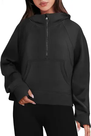 Bengbobar Women's 1/2 Zipper Fuzzy Cropped Sweatshirts Sport Athletic Stand Collar Relaxed Fit Fleece Long Sleeve Pullovers