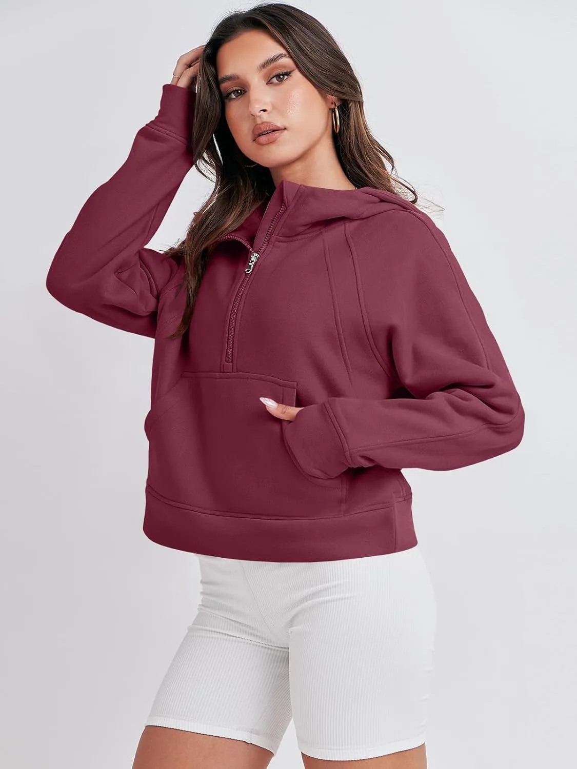 Bengbobar Women's 1/2 Zipper Fuzzy Cropped Sweatshirts Sport Athletic Stand Collar Relaxed Fit Fleece Long Sleeve Pullovers
