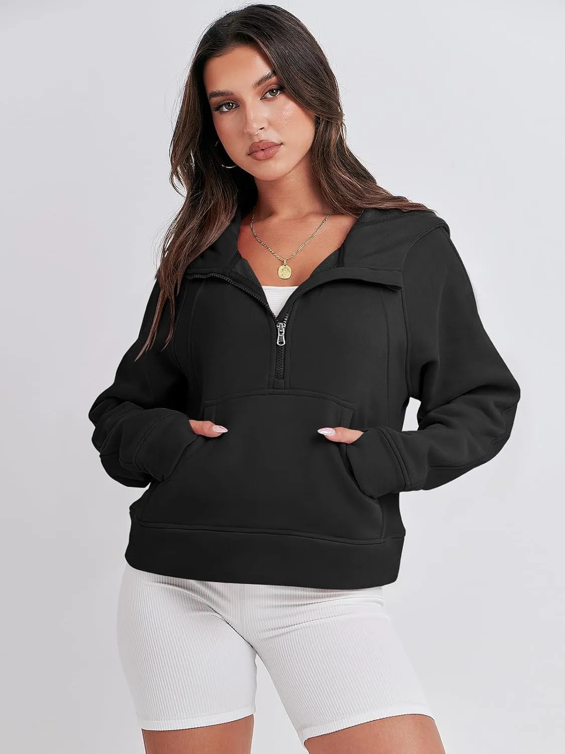 Bengbobar Women's 1/2 Zipper Fuzzy Cropped Sweatshirts Sport Athletic Stand Collar Relaxed Fit Fleece Long Sleeve Pullovers