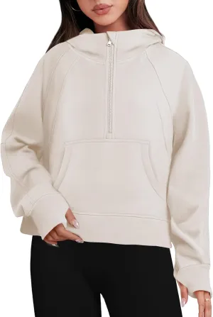 Bengbobar Women's 1/2 Zipper Fuzzy Cropped Sweatshirts Sport Athletic Stand Collar Relaxed Fit Fleece Long Sleeve Pullovers