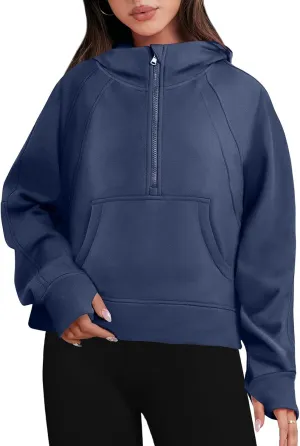 Bengbobar Women's 1/2 Zipper Fuzzy Cropped Sweatshirts Sport Athletic Stand Collar Relaxed Fit Fleece Long Sleeve Pullovers