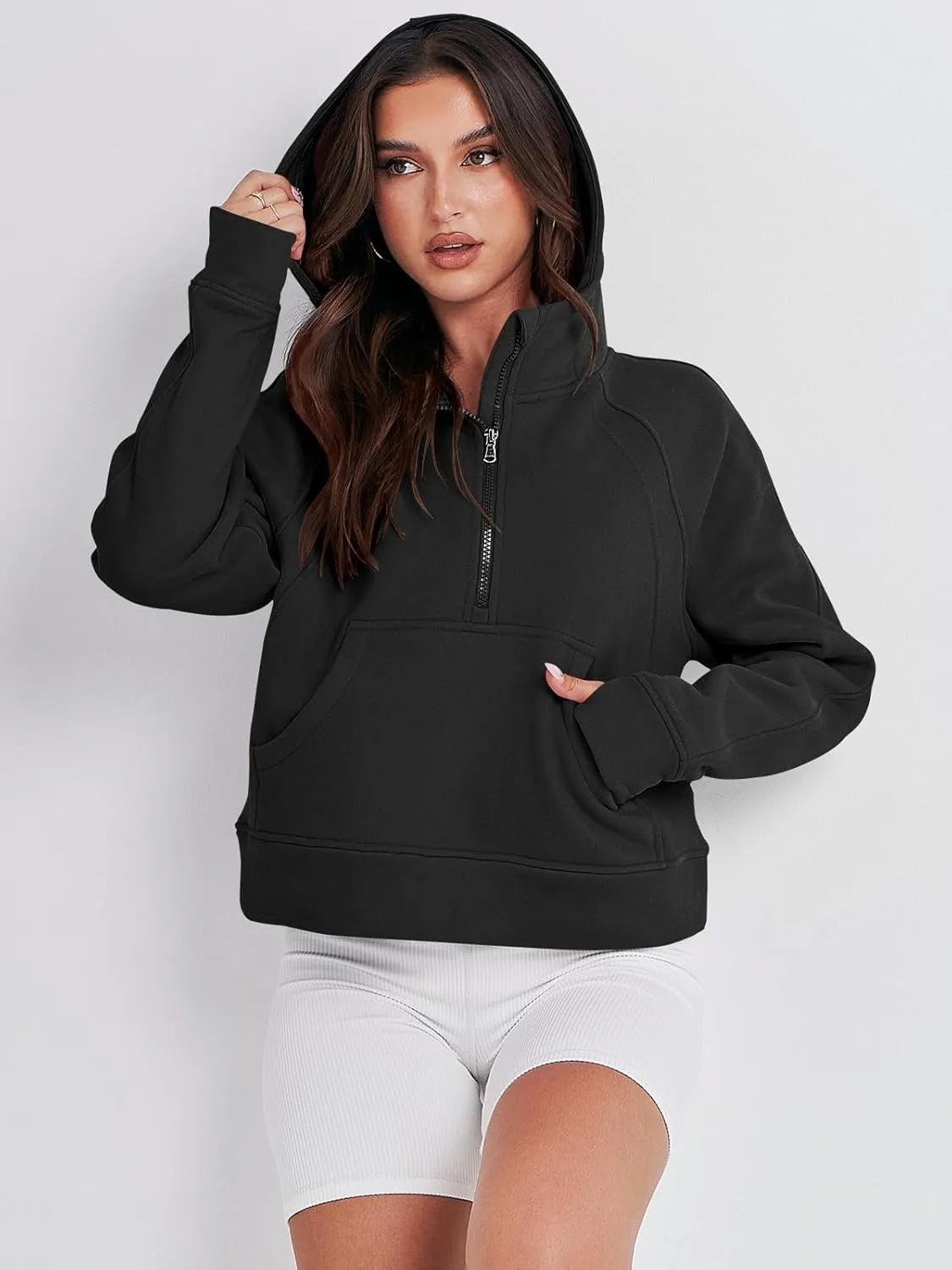 Bengbobar Women's 1/2 Zipper Fuzzy Cropped Sweatshirts Sport Athletic Stand Collar Relaxed Fit Fleece Long Sleeve Pullovers
