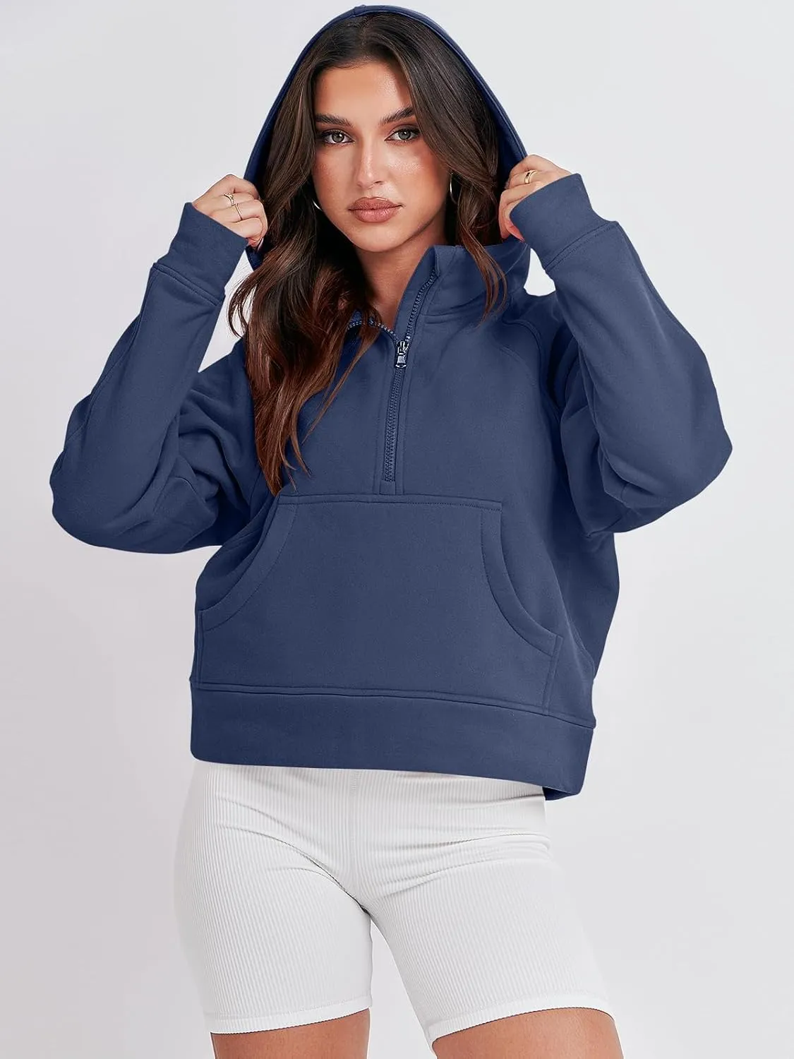 Bengbobar Women's 1/2 Zipper Fuzzy Cropped Sweatshirts Sport Athletic Stand Collar Relaxed Fit Fleece Long Sleeve Pullovers