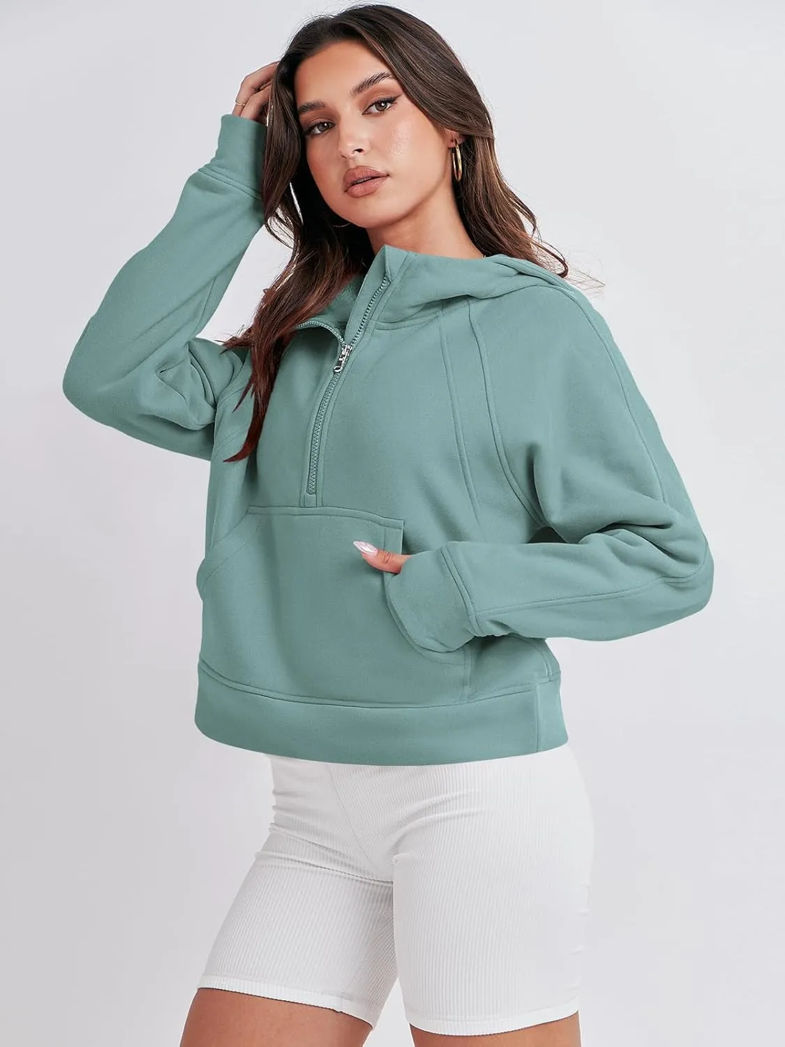Bengbobar Women's 1/2 Zipper Fuzzy Cropped Sweatshirts Sport Athletic Stand Collar Relaxed Fit Fleece Long Sleeve Pullovers