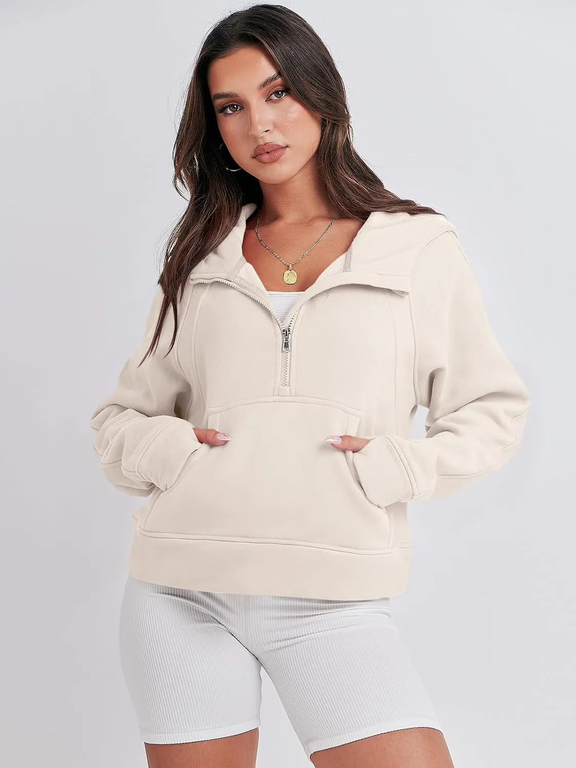 Bengbobar Women's 1/2 Zipper Fuzzy Cropped Sweatshirts Sport Athletic Stand Collar Relaxed Fit Fleece Long Sleeve Pullovers