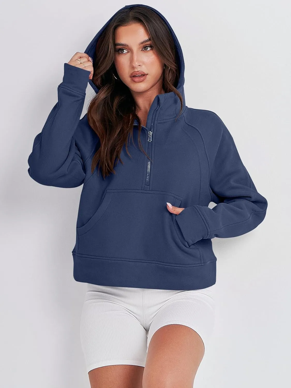 Bengbobar Women's 1/2 Zipper Fuzzy Cropped Sweatshirts Sport Athletic Stand Collar Relaxed Fit Fleece Long Sleeve Pullovers