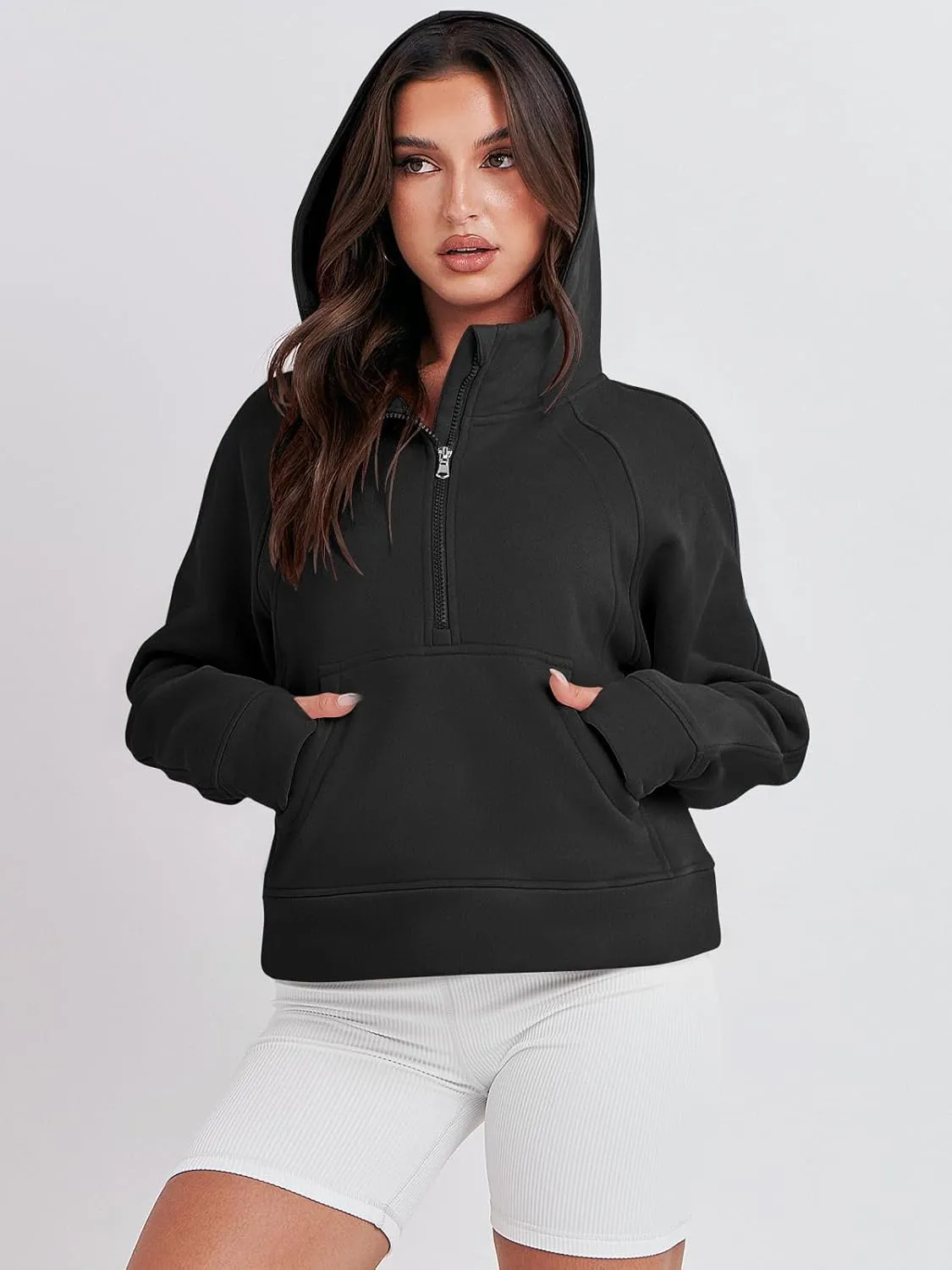 Bengbobar Women's 1/2 Zipper Fuzzy Cropped Sweatshirts Sport Athletic Stand Collar Relaxed Fit Fleece Long Sleeve Pullovers
