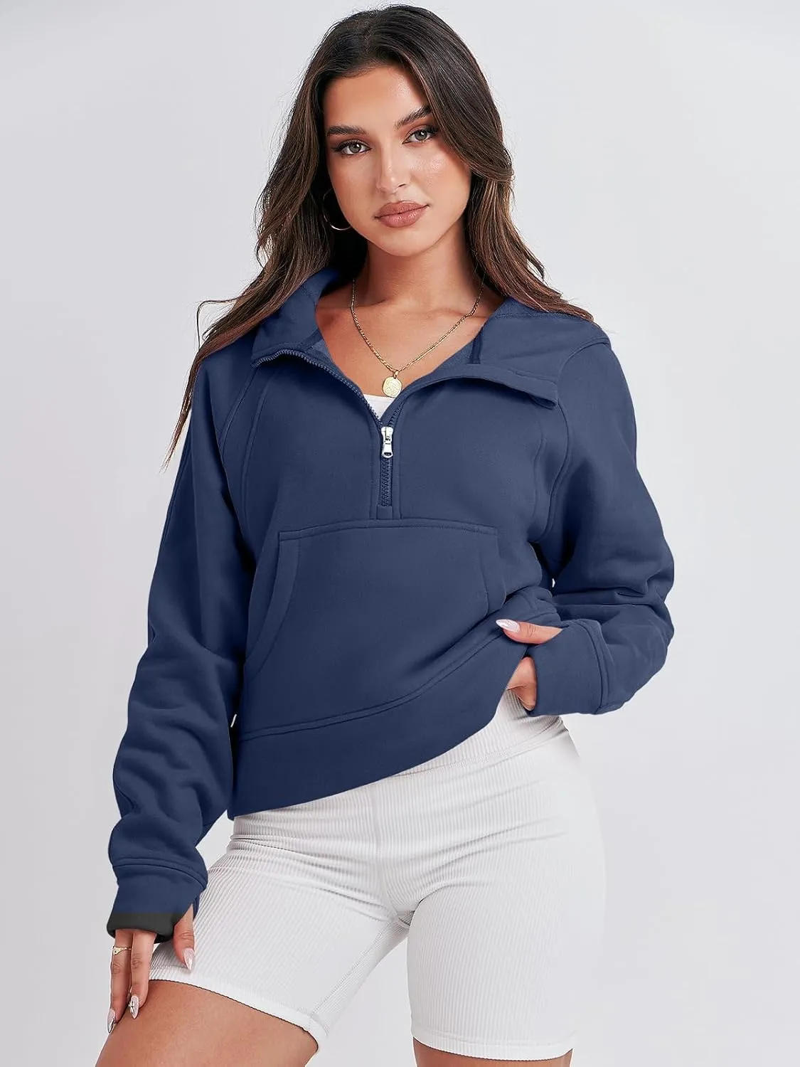 Bengbobar Women's 1/2 Zipper Fuzzy Cropped Sweatshirts Sport Athletic Stand Collar Relaxed Fit Fleece Long Sleeve Pullovers