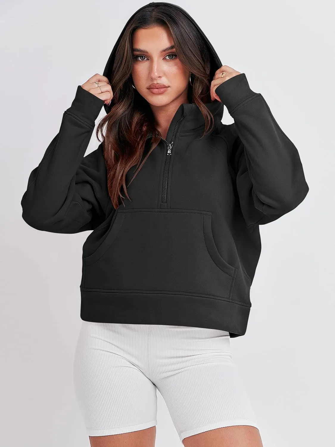 Bengbobar Women's 1/2 Zipper Fuzzy Cropped Sweatshirts Sport Athletic Stand Collar Relaxed Fit Fleece Long Sleeve Pullovers