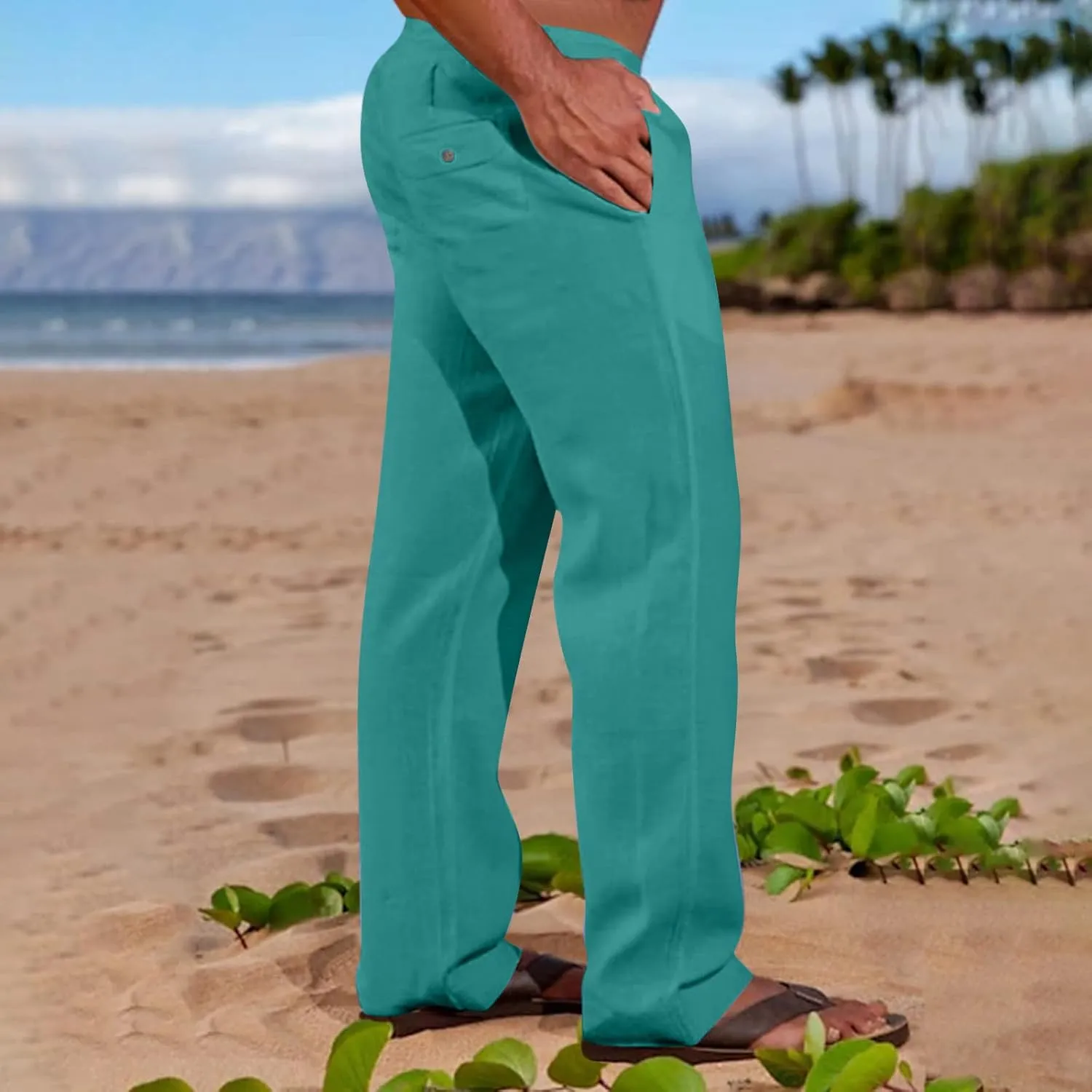 Big and Tall Linen Pants for Men Drawstring Lounge Pants Elastic Waist Dress Trousers Straight Leg Loose Pants