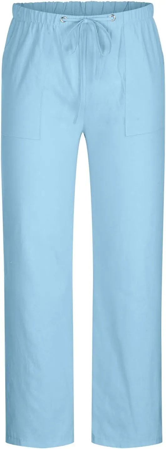 Big and Tall Linen Pants for Men Drawstring Lounge Pants Elastic Waist Dress Trousers Straight Leg Loose Pants